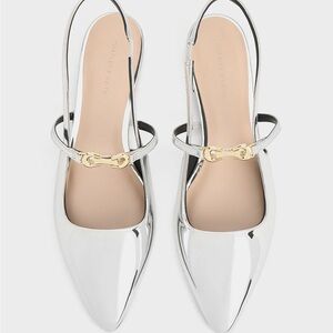 Charles & Keith Silver Pointed Toe Slingback Flats
